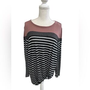 Ladies 1X long-sleeve top in a soft rose pink with black and white stripes.